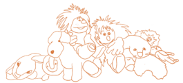 Illustration von Spielpuppen und Kuscheltiere in wenigen orangefarbenen Linien